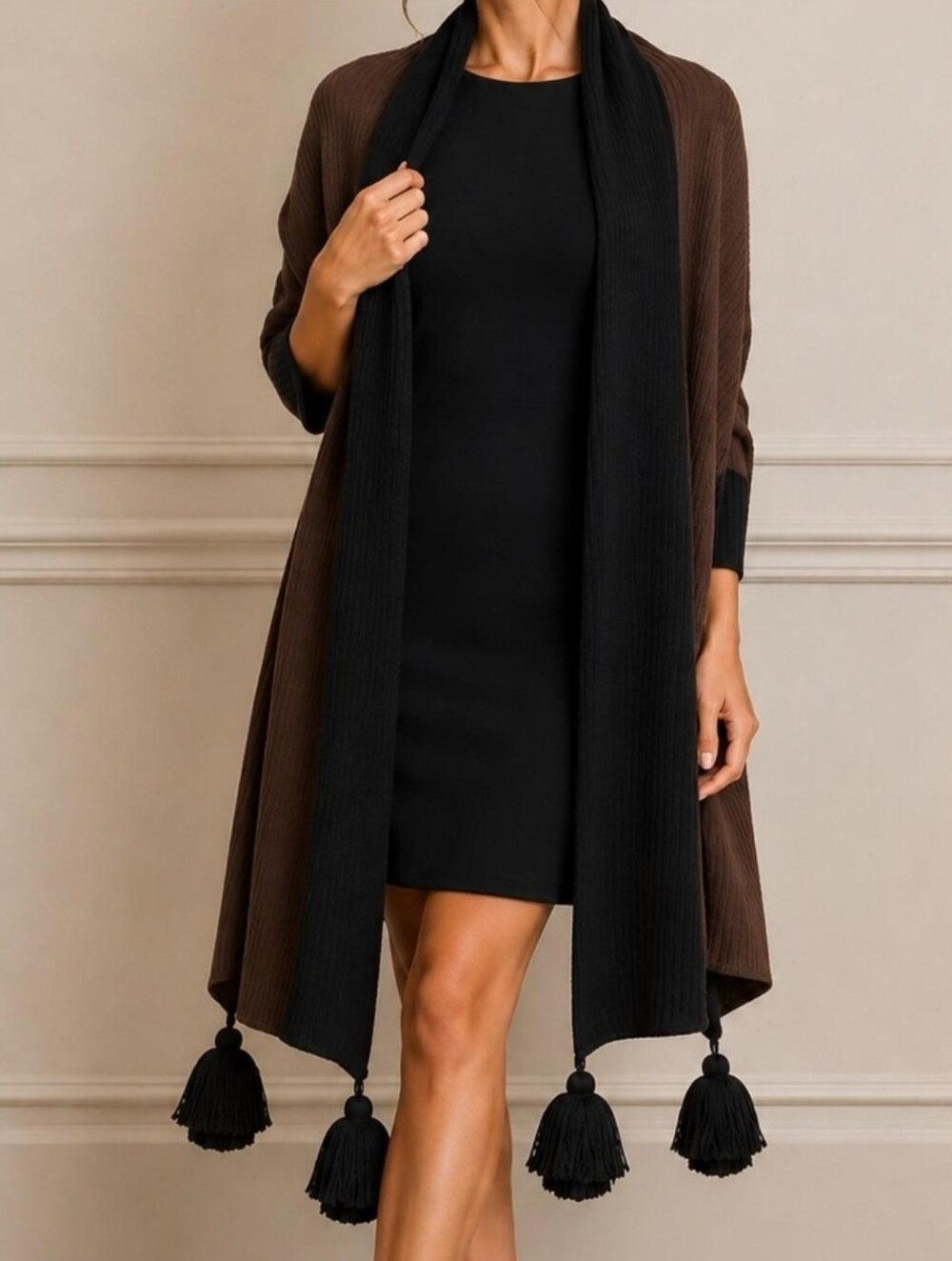 Two Tone Brown & Black Tassel Knit Wrap Colorblock Tassel Knit Shawl Wrap Ponch